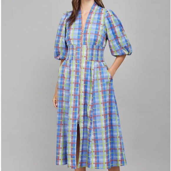 Periwinkle Olive Plaid Midi Dress - MEDIUM - Picture 1 of 11